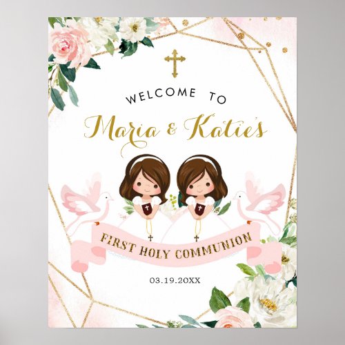 Twins Girl Pink Floral Holy Communion Welcome Sign
