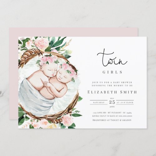 Twins Girl Pink Florals Watercolor Baby Shower Invitation