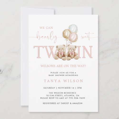 Twins Girl Teddy Bear Bearly Wait Baby Shower Invitation