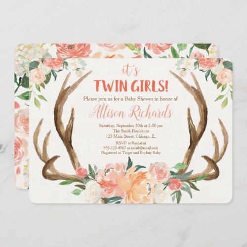 Twins girls baby shower invitation deer antlers