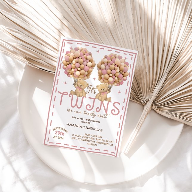 Twins Girls Bear Pink Balloon Baby Shower Invitation (Creator Uploaded)