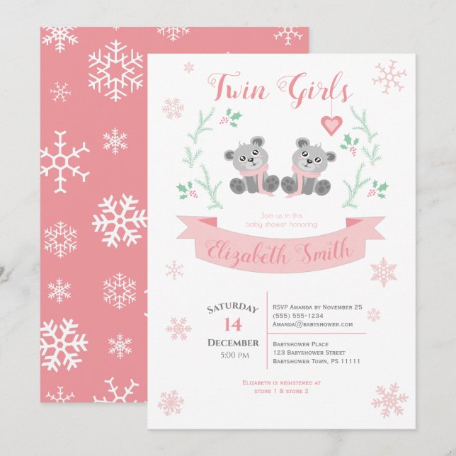 Twins Girls Cute bear winter babyshower Invitation (Front/Back)