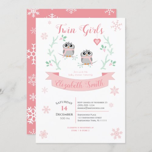 Twins Girls Cute owls winter babyshower Invitation