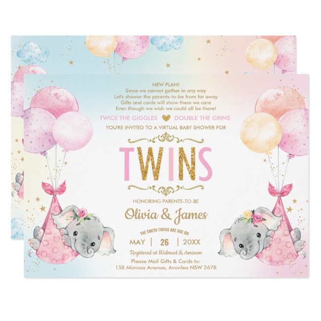 Twins Girls Elephant Virtual Baby Shower by Mail Invitation