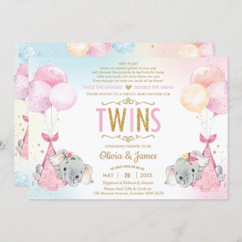 Twins Girls Elephant Virtual Baby Shower by Mail Invitation