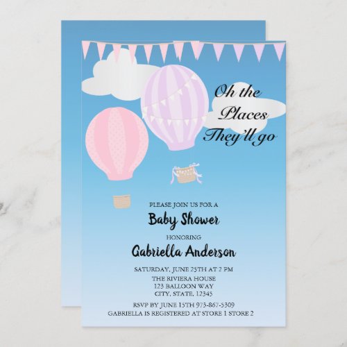 Twins Girls Hot Air Balloon Baby Shower Invitation