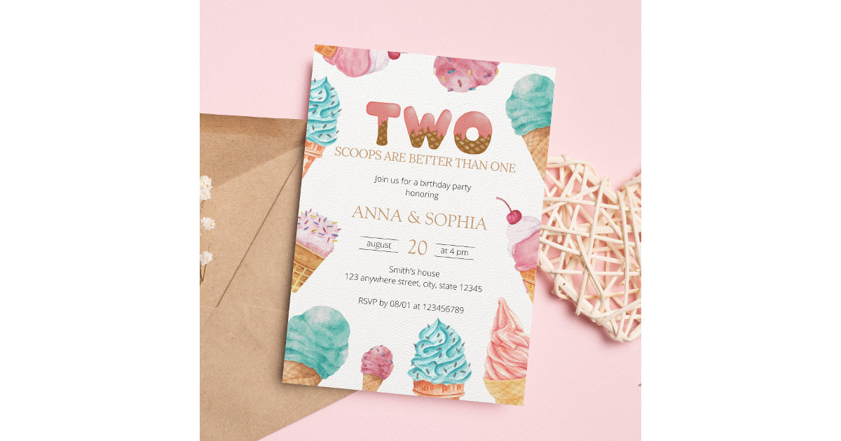 Twins Girls Ice Cream Birthday Party Invitation Zazzle