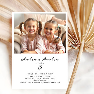 Twins Girls Minimalist Modern Birthday Party Photo Invitation