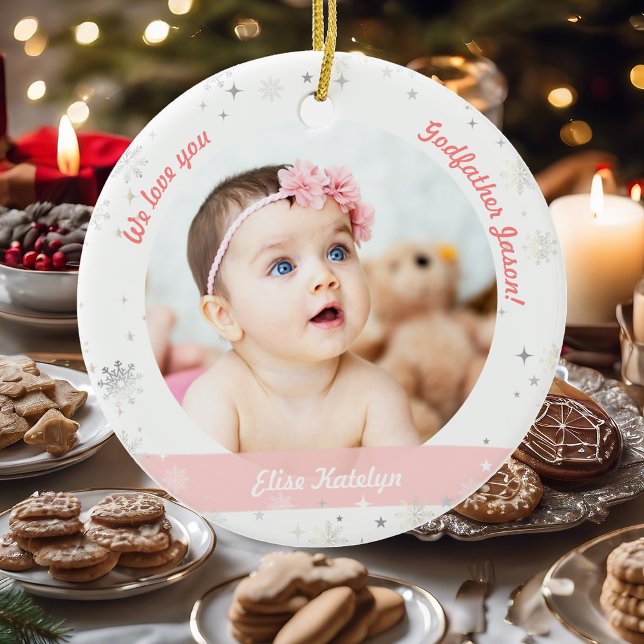 Twins Girls Photos Godfather First Christmas Baby Ceramic Ornament (Modern Elegant Cute First Christmas Baby Twins Girls We love you Godmother 2 Photos Snowflakes Pink)