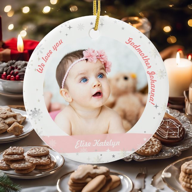 Twins Girls Photos Godmother First Christmas Baby Ceramic Ornament (Modern Elegant Cute First Christmas Baby Twins Girls We love you Godmother 2 Photos Snowflakes Pink)