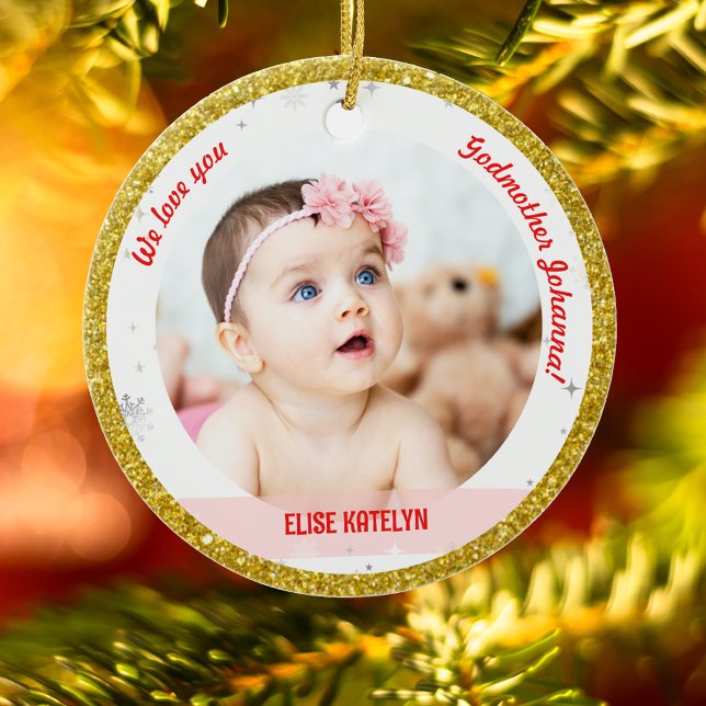 Twins Girls Photos Godmother First Christmas Baby  Ceramic Ornament (Modern Elegant We love you, Godmother! First Christmas Twin Baby Girls 2 Photos Golden Faux Glitter)