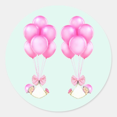 Twins Girls Pink Balloons Baby Shower Classic Round Sticker