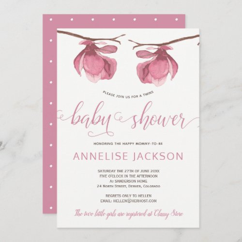 Twins girls pink white floral baby shower invitation