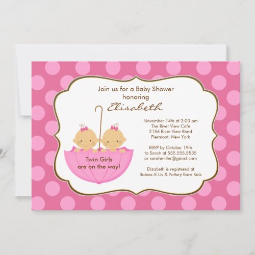Twins Girls Umbrella Baby Shower Invitation Pink