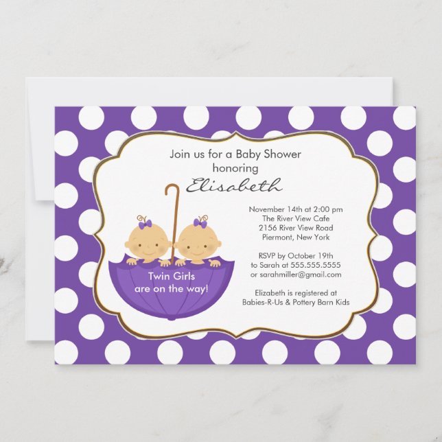 Twins Girls Umbrella Baby Shower Invitation Purple (Front)