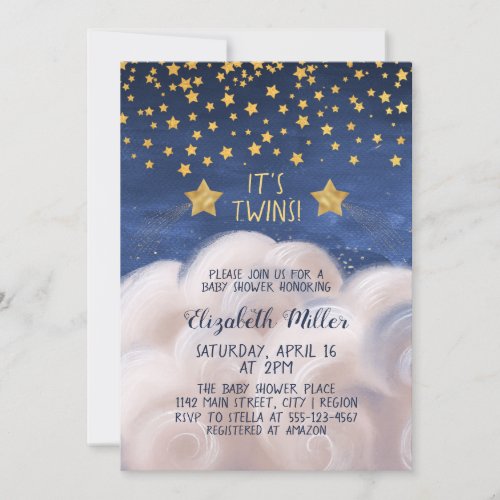Twins Gold Shooting Stars Baby Shower Invitation