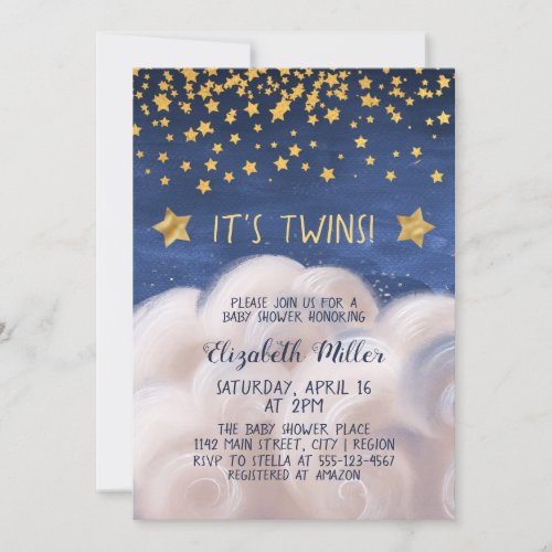 Twins Golden Stars Baby Shower Invitation