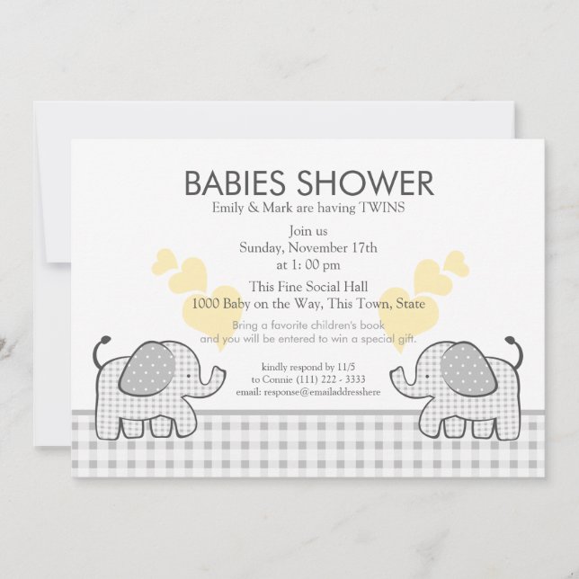 Twins Gray Gingham Baby Shower Invitation (Front)