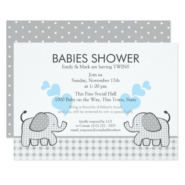 Twins Gray Gingham Blue Baby Shower Invitation