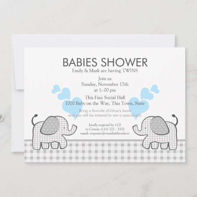 Twins Gray Gingham Blue Baby Shower Invitation (Front)