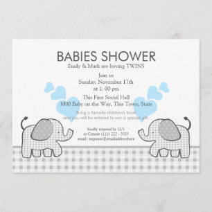 Twins Gray Gingham Blue Baby Shower Invitation