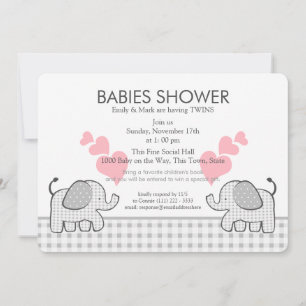 Twins Gray Pink Gingham Baby Shower Invitation