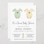 Twins Green Yellow Watercolor Retro Baby Shower Invitation (Front/Back)
