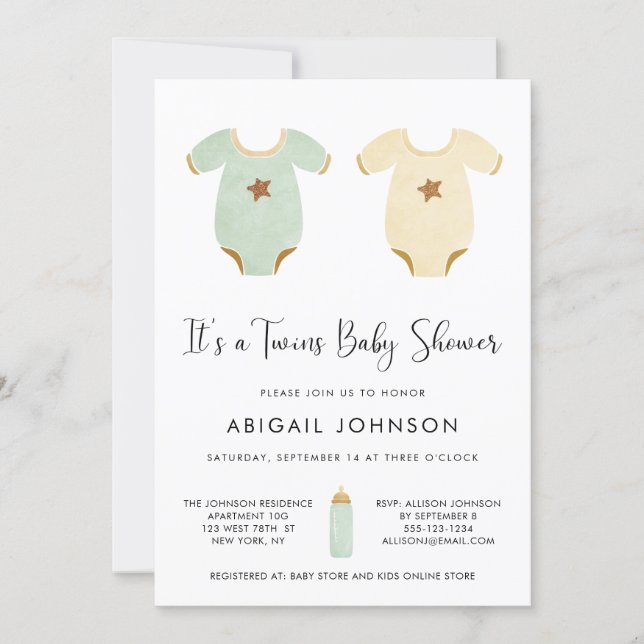 Twins Green Yellow Watercolor Retro Baby Shower Invitation (Front)
