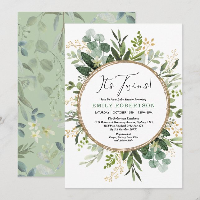 Twins Greenery Gold Garden Party Baby Shower Invitation (Front/Back)