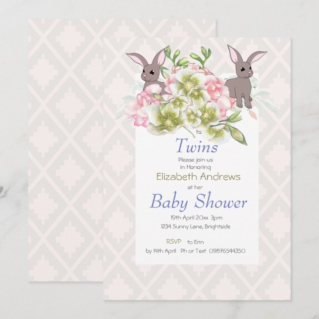 Twins Grey and Pink Floral Bunny Shower Invitation (Front/Back)