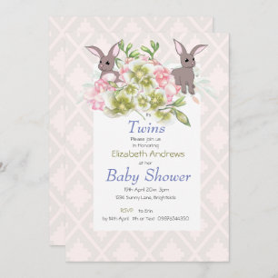 Twins Grey and Pink Floral Bunny Shower Invitation