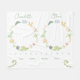 Twins Growth Tracker Gender Neutral Dinosaurs Fleece Blanket