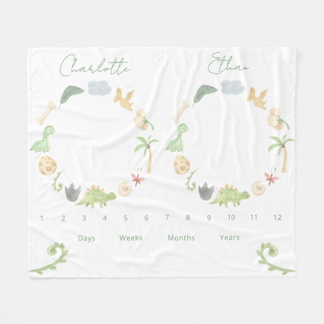 Twins Growth Tracker Gender Neutral Dinosaurs Fleece Blanket (Front (Horizontal))