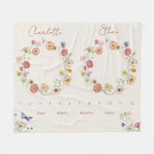 Twins Growth Tracker Watercolor Floral Newborn Fleece Blanket