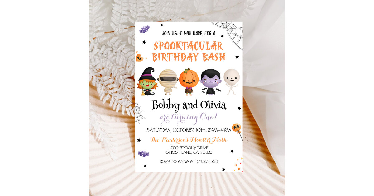 Twins Halloween Birthday Spooktacular Bash Invitation | Zazzle