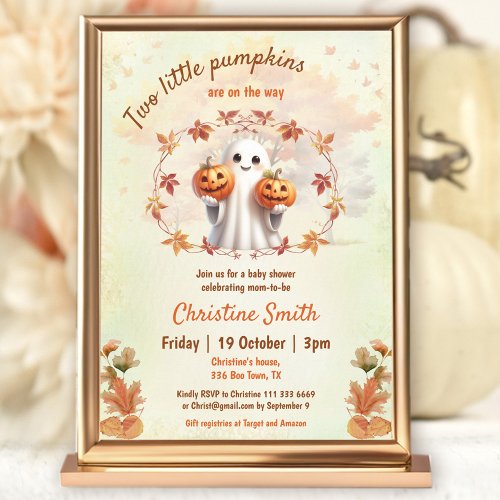 Twins Halloween Pumpkin Ghost Neutral Baby Shower Invitation