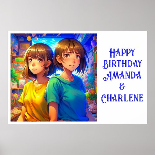 Twins Happy Birthday Banner Anime Themed Poster