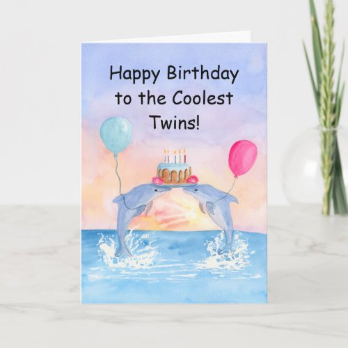 Twins Happy Birthday Dolphins with Birthday Cake Card