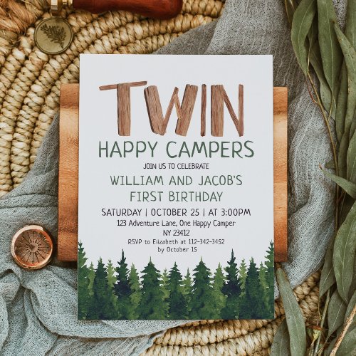 Twins Happy Campers Boys 1st Birthday  Invitation