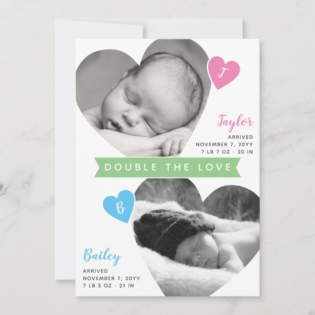 Twins Heart Frames Photo Collage Girl Boy Birth Announcement (Front)