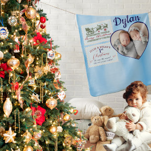 Twins Heart Photo Blue Stamps Baby 1st Christmas Blanket