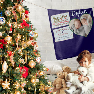 Twins Heart Photo Blue Stamps Baby 1st Christmas Blanket