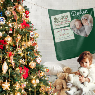 Twins Heart Photo Green Stamps Baby 1st Christmas Blanket