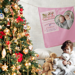 Twins Heart Photo Pink Stamps Baby 1st Christmas Blanket