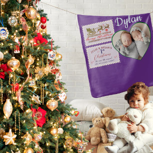 Twins Heart Photo Purple Stamps Baby 1st Christmas Blanket