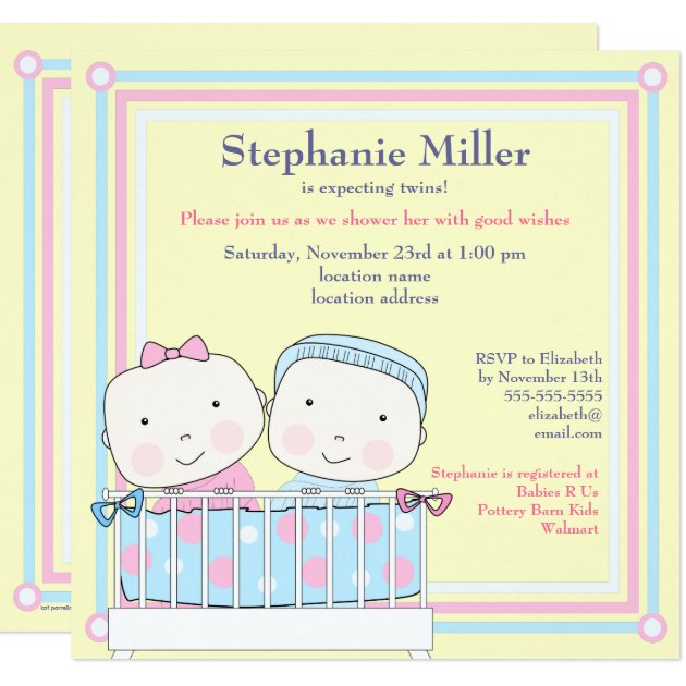 Twins In Crib, Girl And Boy Baby Shower Invitation