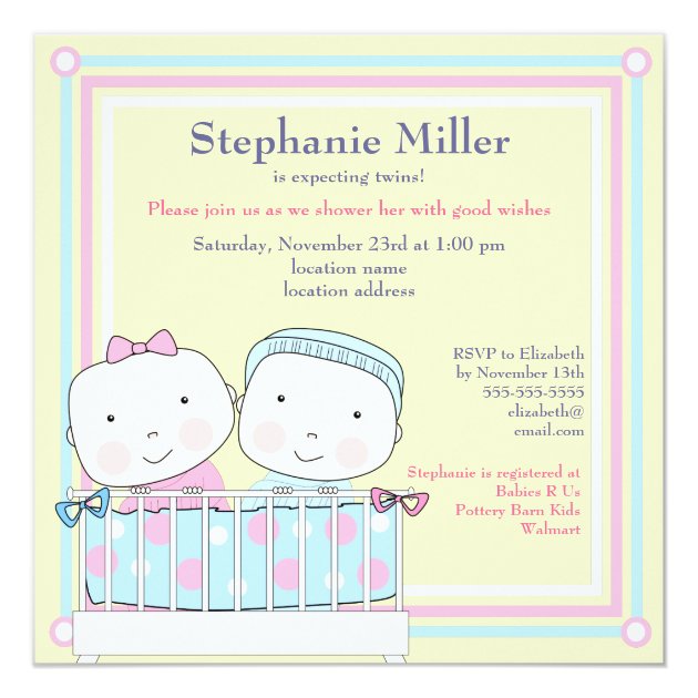 Twins In Crib, Girl And Boy Baby Shower Invitation