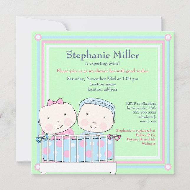 Twins in Crib, Girl and Boy Baby Shower Invitation (Front)