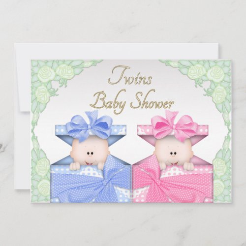 Twins in Gift Box Roses Baby Shower Invitation