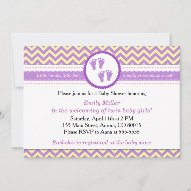 Twins Invitation Baby Girl Shower Purple Yellow (Front)